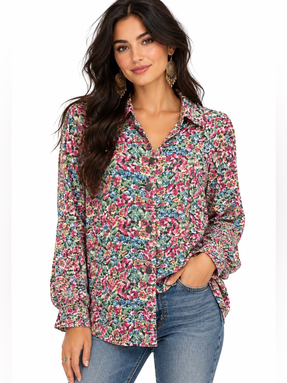 Vintage Express Floral Button-Down Shirt in Pink and Green large